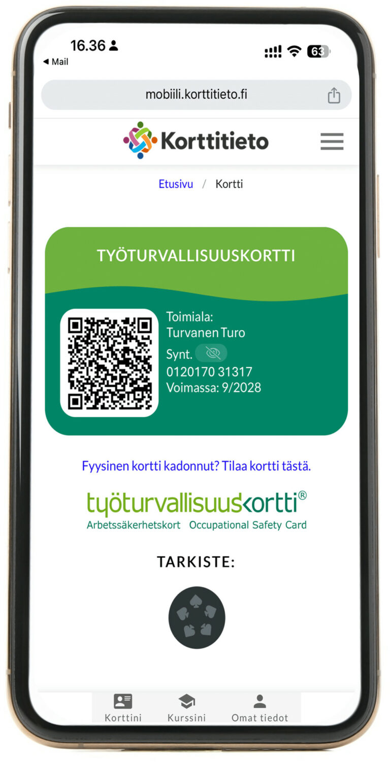 Työturvallisuuskortti mobiili todistus puhelimen näytöllä